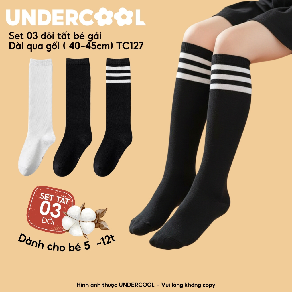 Set 3 Đôi Vớ Tất Dài Qua Gối cho bé gái UNDERCOOL Cotton Mềm Mịn Chống Tụt Cho Bé Gái (40-45cm) 5-12 Tuổi TC127
