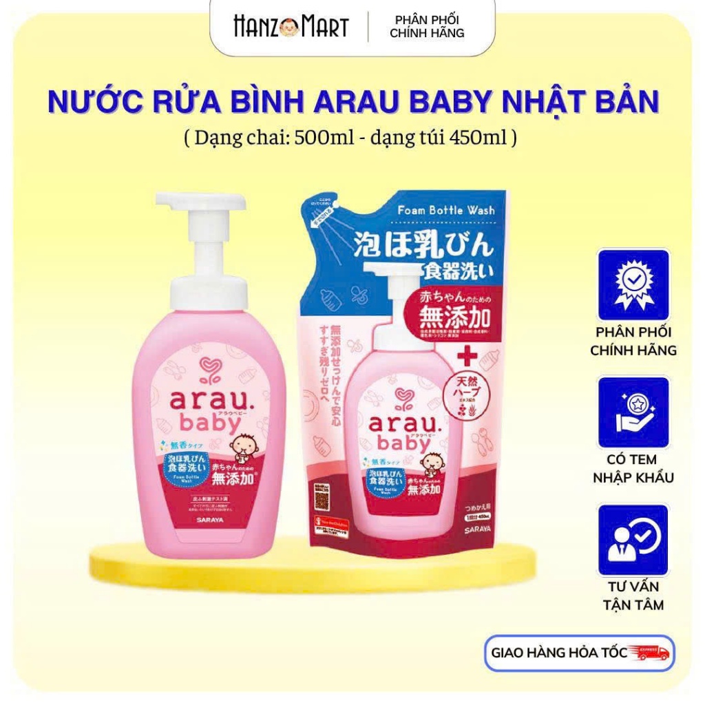 Nước rửa bình Arau Baby Nhật Bản chai 500ml /túi 450ml hanzomart