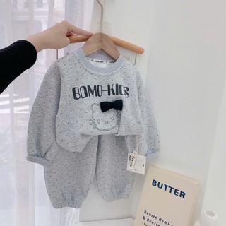 Quần áo trẻ em, Bộ nỉ thu đông bé gái mèo xám chấm bi 9-26kg S2073 Tiểu Yến KID