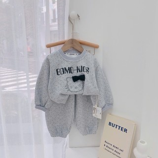 Quần áo trẻ em, Bộ nỉ thu đông bé gái mèo xám chấm bi 9-26kg S2073 Tiểu Yến KID
