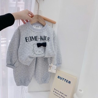 Quần áo trẻ em, Bộ nỉ thu đông bé gái mèo xám chấm bi 9-26kg S2073 Tiểu Yến KID