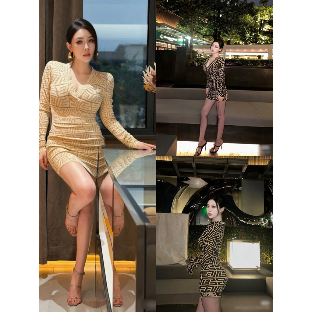 Đầm len sọc tay dài nâu