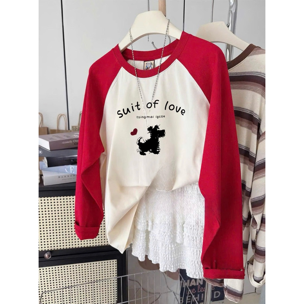 Áo tay dài phối Ragan, Áo dài tay phối đỏ in hình JULY FASHION, dáng rộng basic, chất xượt mềm mịn phù hợp Thu Đông