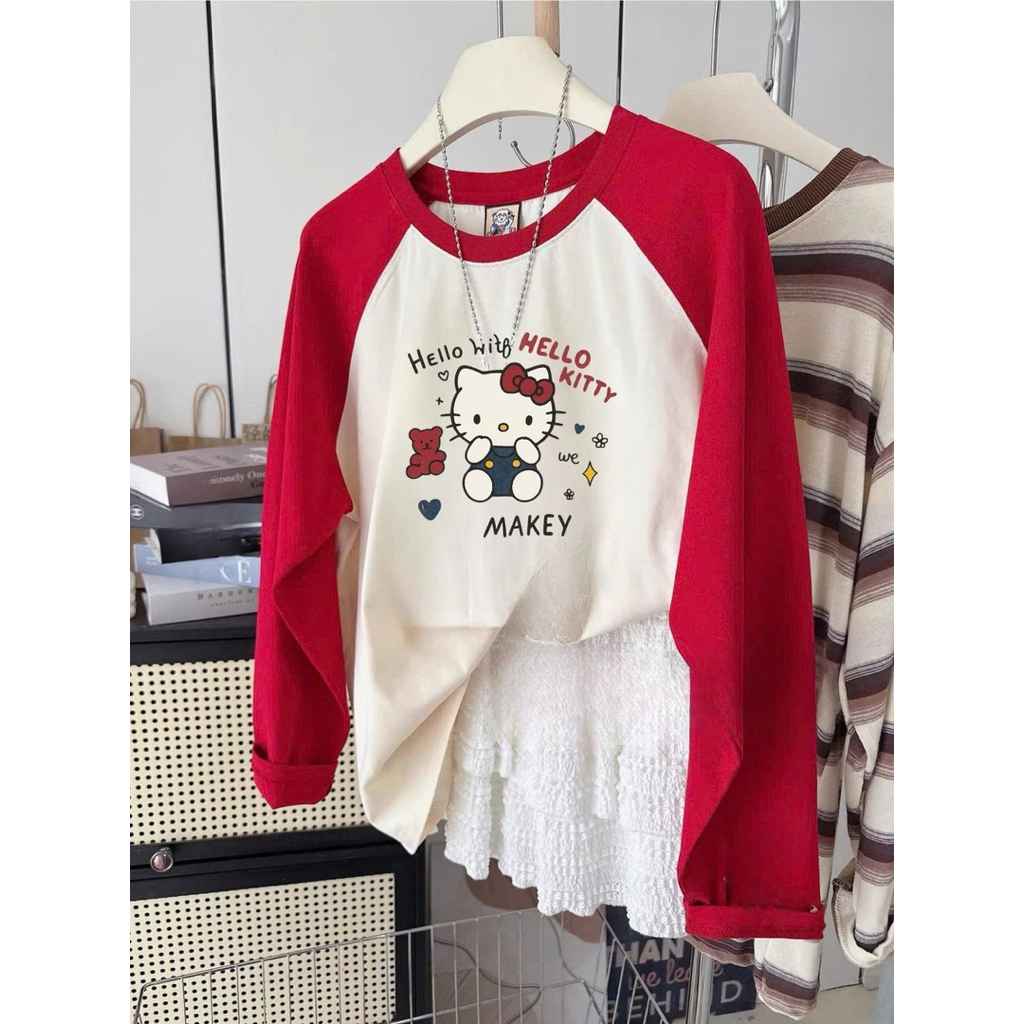Áo tay dài phối Ragan, Áo dài tay phối đỏ in hình JULY FASHION, dáng rộng basic, chất xượt mềm mịn phù hợp Thu Đông