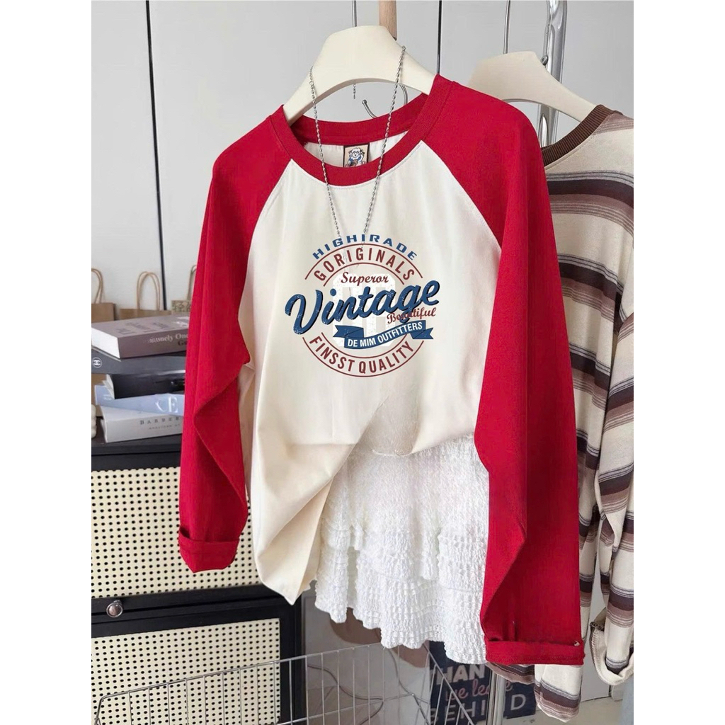 Áo tay dài phối Ragan, Áo dài tay phối đỏ in hình JULY FASHION, dáng rộng basic, chất xượt mềm mịn phù hợp Thu Đông