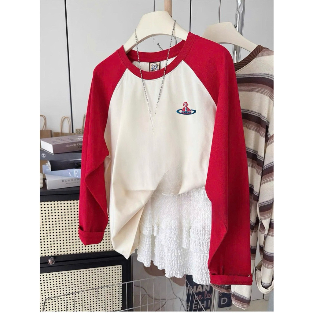 Áo tay dài phối Ragan, Áo dài tay phối đỏ in hình JULY FASHION, dáng rộng basic, chất xượt mềm mịn phù hợp Thu Đông
