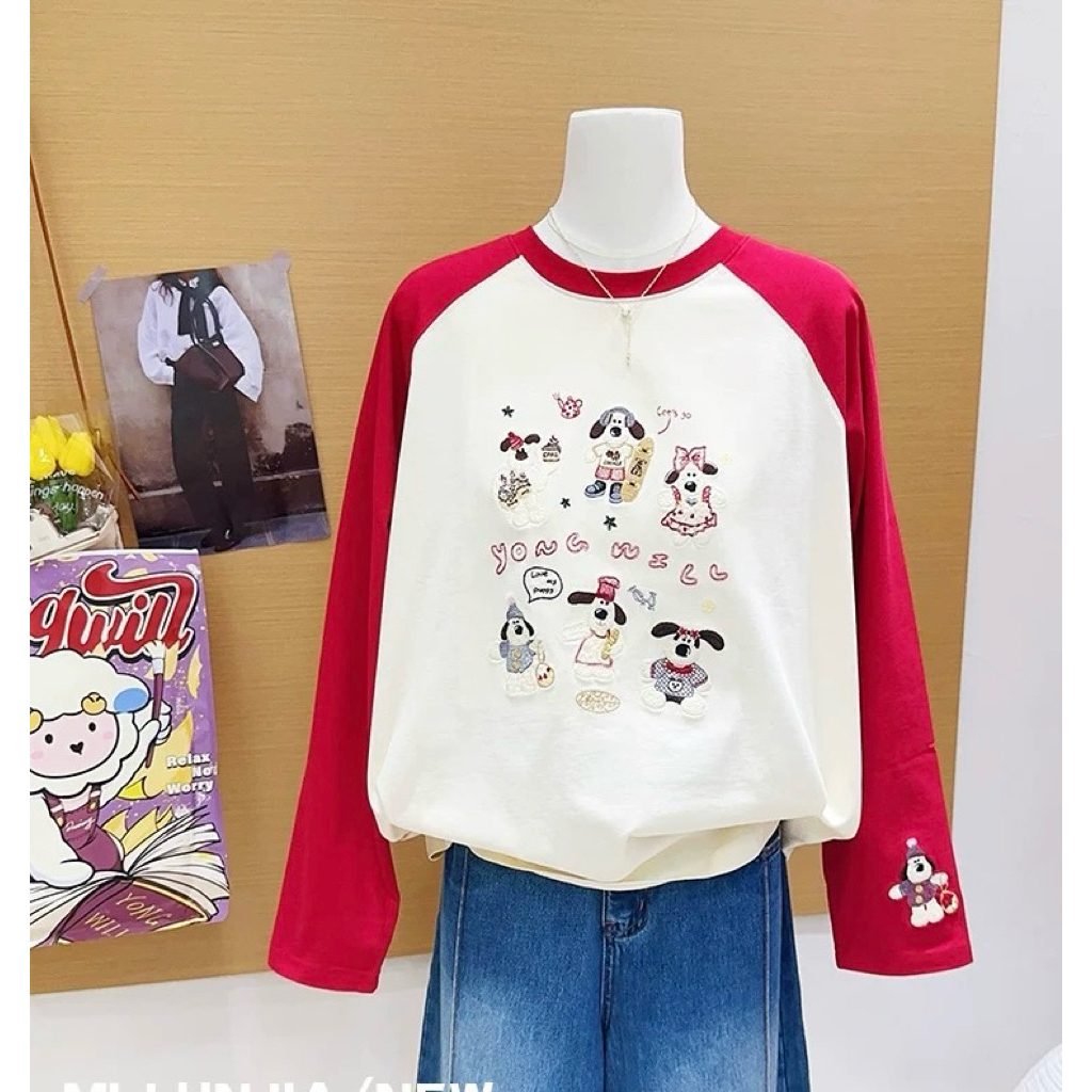 Áo tay dài phối Ragan, Áo dài tay phối đỏ in hình JULY FASHION, dáng rộng basic, chất xượt mềm mịn phù hợp Thu Đông