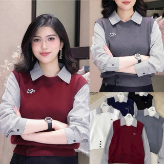 LT - Áo len ghile mix sơ mi liền vải kẻ thô kate free szie, sang trọng 1426
