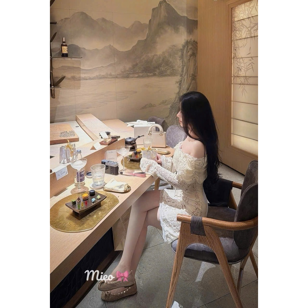 Giày bệt búp bê lưới nơ viền đinh tán VLTN