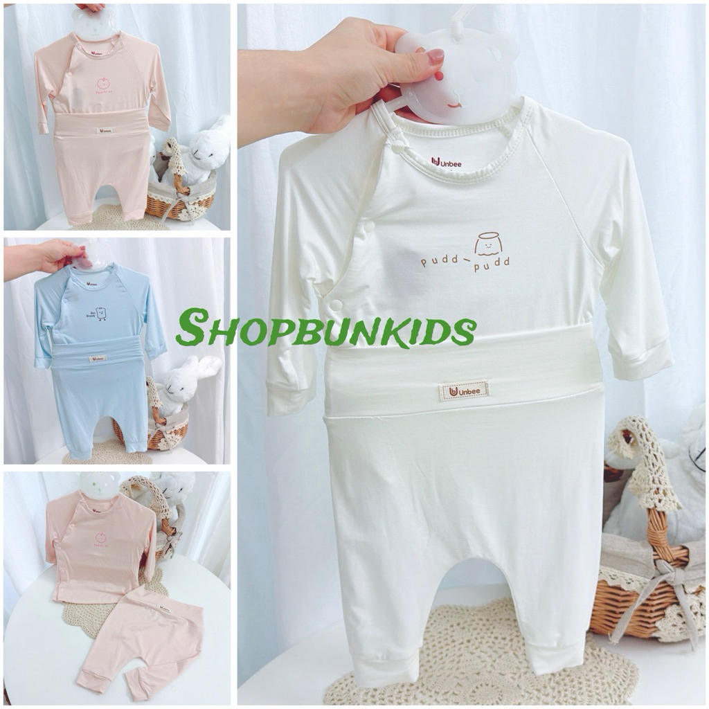 Bộ sơ sinh Unbee cạp cao 0-3m /3-6m ấm bụng cài sườn lệch vải tencel sợi sồi mềm mịn thoáng mát cài chéo cho bé