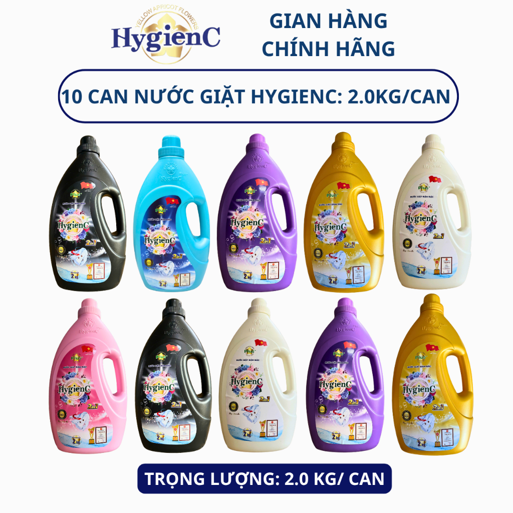 [Sỉ Thùng] Thùng 10 Can Nước Giặt HygienC Plus 2,0 Kg/Can Đậm Đặc Hương Nước Hoa - An Toàn Cho Da