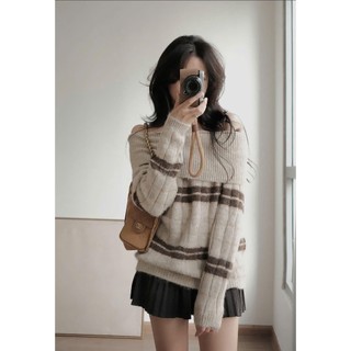 Áo Len Lông Mềm Trễ Vai Dài Tay Phối Kẻ Nâu 247store MochaKnit Off Shoulder Sweater Style Hàn Quốc Alentrevai811