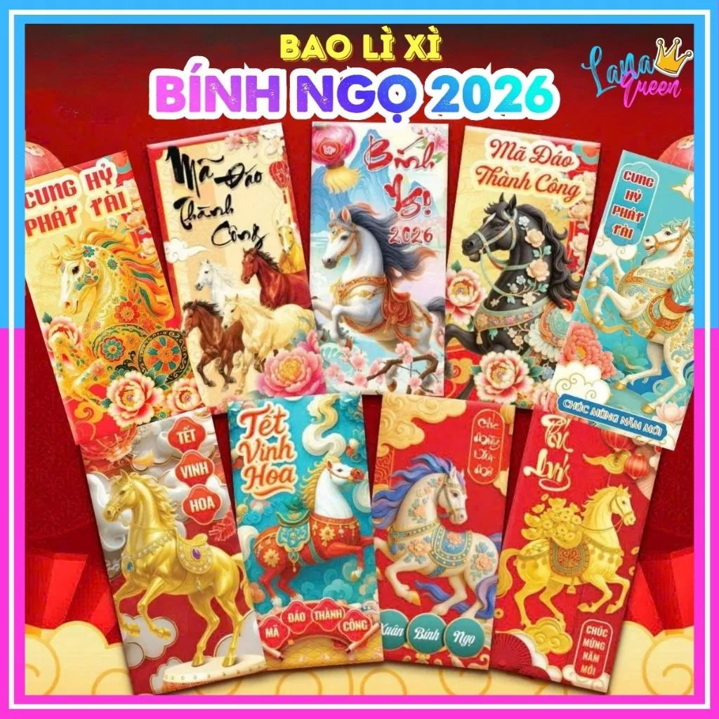 10 Bao Lì Xì Tết 2026 Bính Ngọ Giá Sỉ Rẻ Tết Độc Lạ Màu Đỏ Đẹp Hoạt Hình Con Ngựa Cute Dễ Thương Thầ