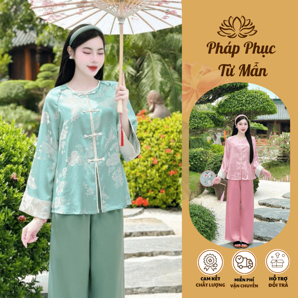 Pháp phục đi chùa cổ tròn tay phối gấm tô châu  Bộ đồ lam đi chùa dài tay tiểu thư gấm mềm mịn Thanh lịch-LS