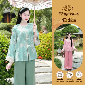 Pháp phục đi chùa cổ tròn tay phối gấm tô châu Bộ đồ lam đi chùa dài tay tiểu thư gấm mềm mịn Thanh lịch-LS