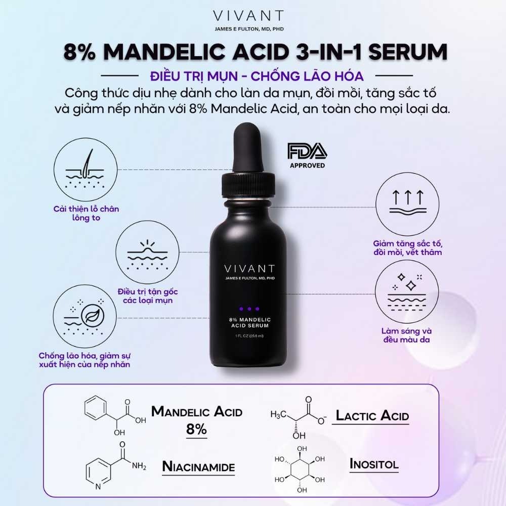 [HÀNG CÔNG TY] Serum VIVANT Skincare 8% Mandelic Acid 3in1 - Giảm Mụn, Mờ Thâm, Chống Lão Hóa