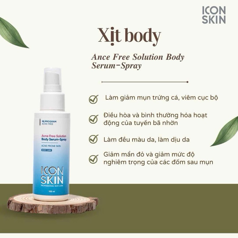 [ĐẠI LÝ CHÍNH HÃNG] Xịt Body Icon Skin Acne Free Solution Giảm Mụn, Dày Sừng Nang Lông Cơ Thể 100ml