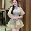 QC_ Set váy ngắn, set hán phục cách tân áo Gấm cổ tàu đính nơ khoét giọt nước + váy Tơ lót quần