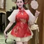 QC_ Set váy ngắn, set hán phục cách tân áo Gấm cổ tàu đính nơ khoét giọt nước + váy Tơ lót quần