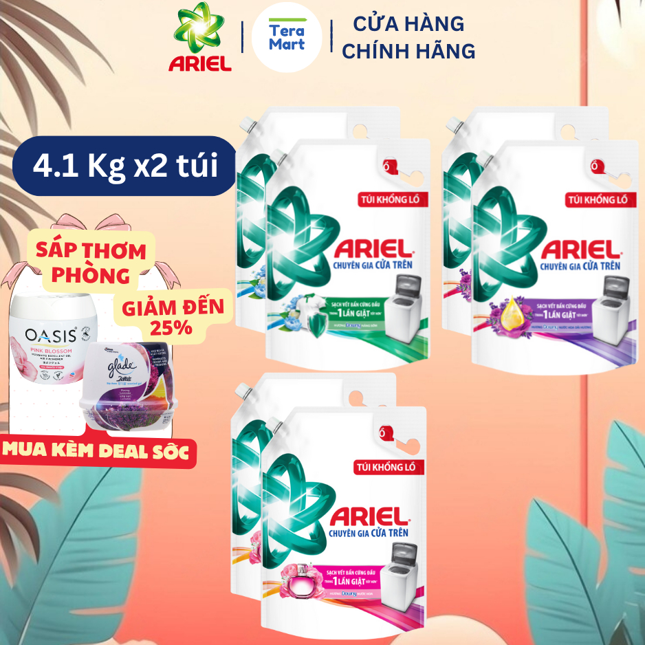 Combo 2 Túi Nước Giặt Ariel Cửa Trên – Túi 4.1kg Hương Nắng Sớm Ngăn Lem Màu