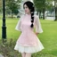 Đầm váy ngắn, hán phục Tết áo Voan thêu hoa 2 lớp đính nơ kèm chân váy Voan Tơ ngắn xếp ly 2 lớp