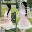 Đầm váy ngắn, hán phục Tết áo Voan thêu hoa 2 lớp đính nơ kèm chân váy Voan Tơ ngắn xếp ly 2 lớp