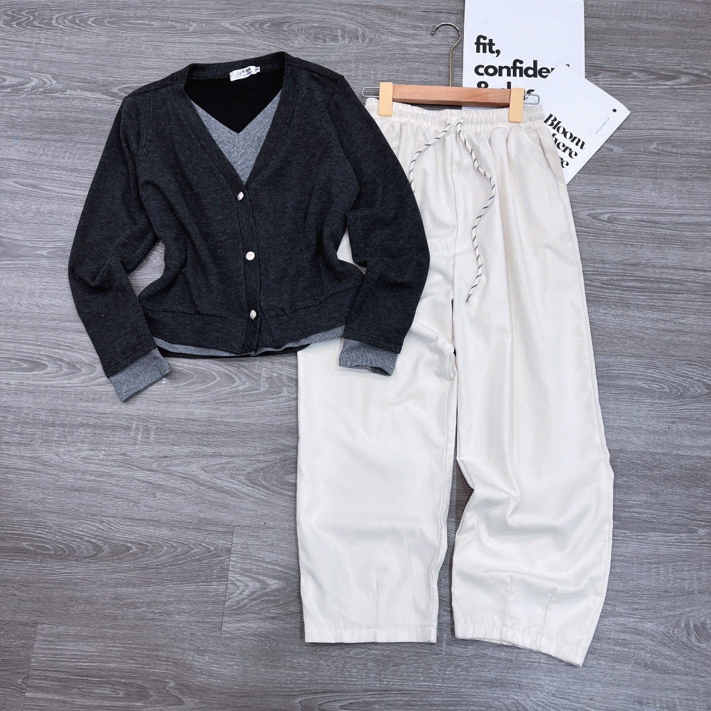 [ÁO TIM LIỀN TRƠN THỎ- Quần Baggy] Sét áo chất lông thỏ phối liền + quần baggy thô kaki.