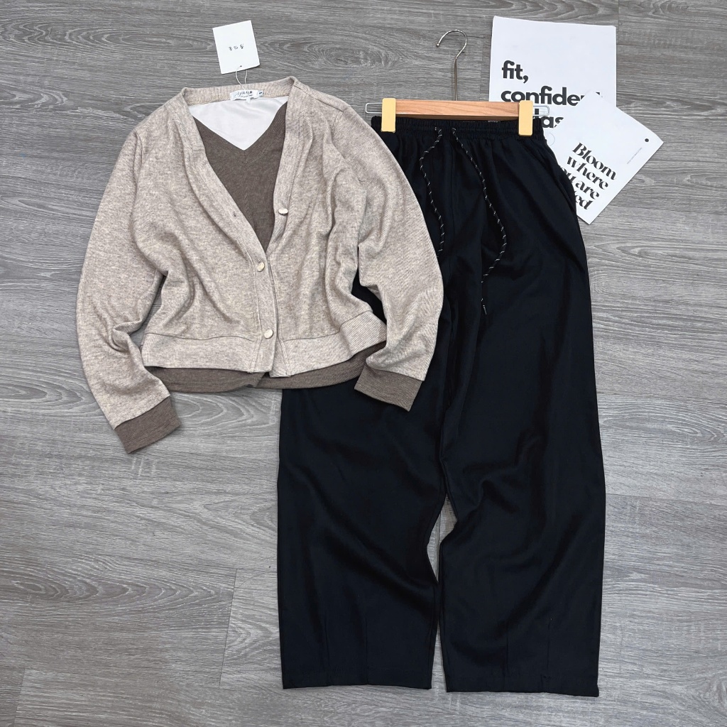 [ÁO TIM LIỀN TRƠN THỎ- Quần Baggy] Sét áo chất lông thỏ phối liền + quần baggy thô kaki.