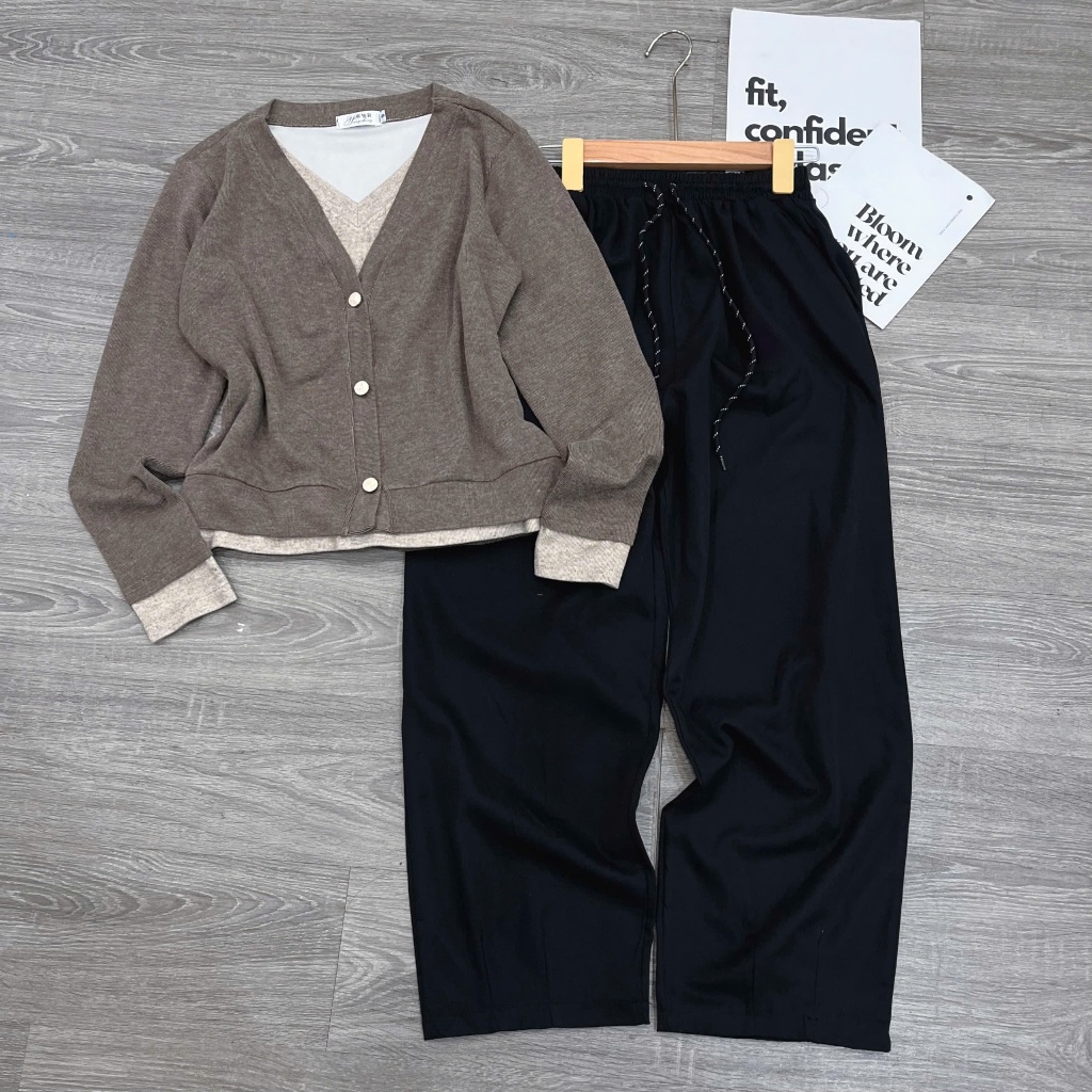 [ÁO TIM LIỀN TRƠN THỎ- Quần Baggy] Sét áo chất lông thỏ phối liền + quần baggy thô kaki.
