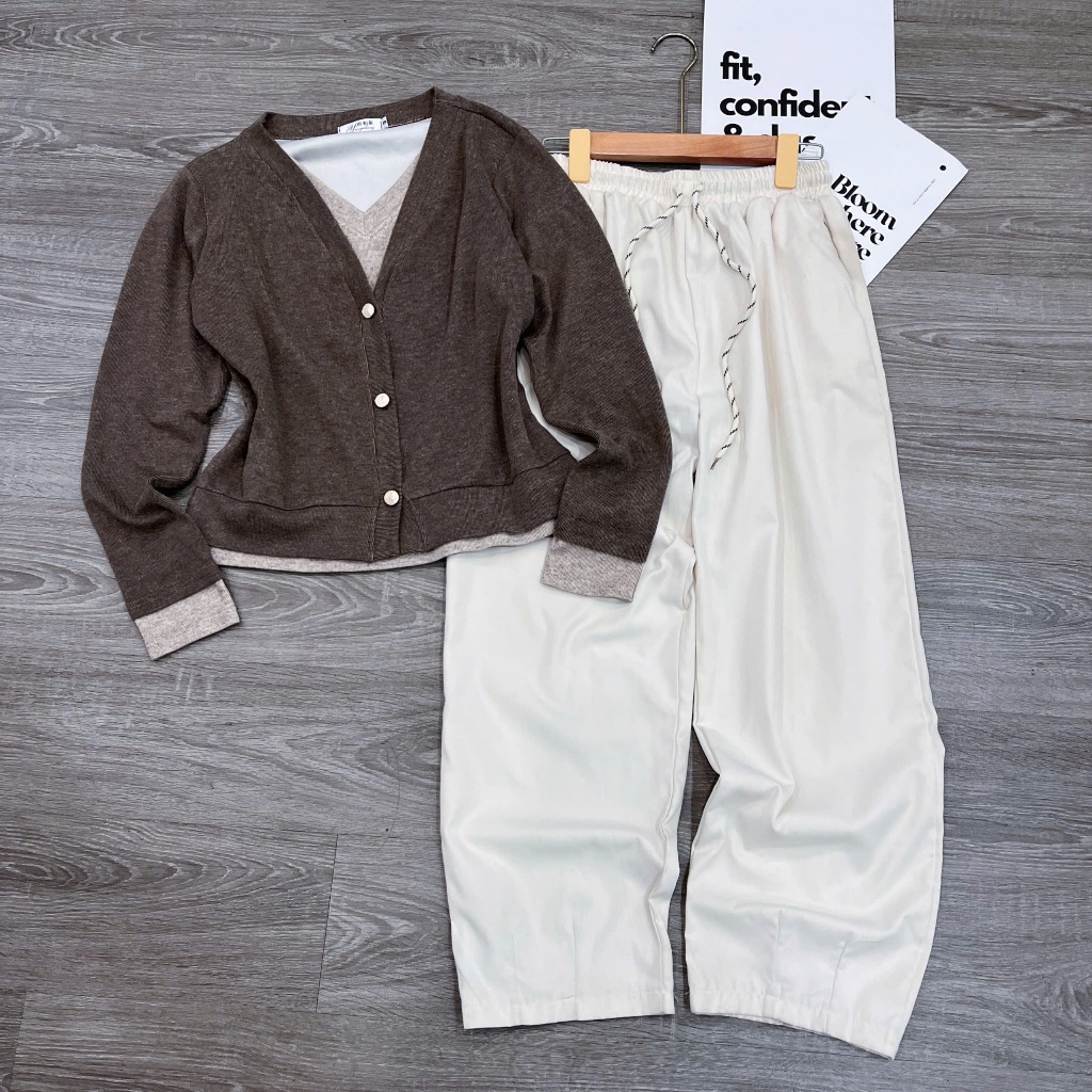 [ÁO TIM LIỀN TRƠN THỎ- Quần Baggy] Sét áo chất lông thỏ phối liền + quần baggy thô kaki.