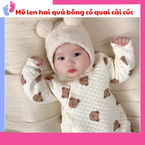 Mũ 2 quả bông mùa đông chất nỉ có quai cài cúc ấm áp cho bé Saubabi