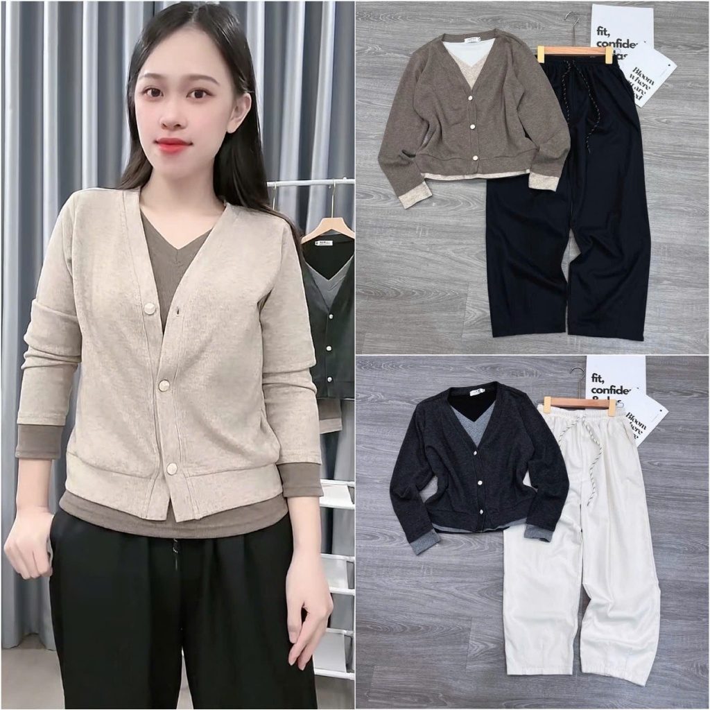 [ÁO TIM LIỀN TRƠN THỎ- Quần Baggy] Sét áo chất lông thỏ phối liền + quần baggy thô kaki.
