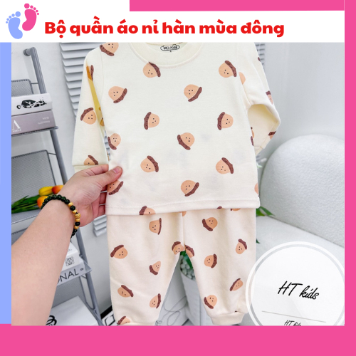 Bộ quần áo COTTON NỈ HÀN dài tay cài vai thu đông nền trắng kem cho bé trai bé gái 4-14kg