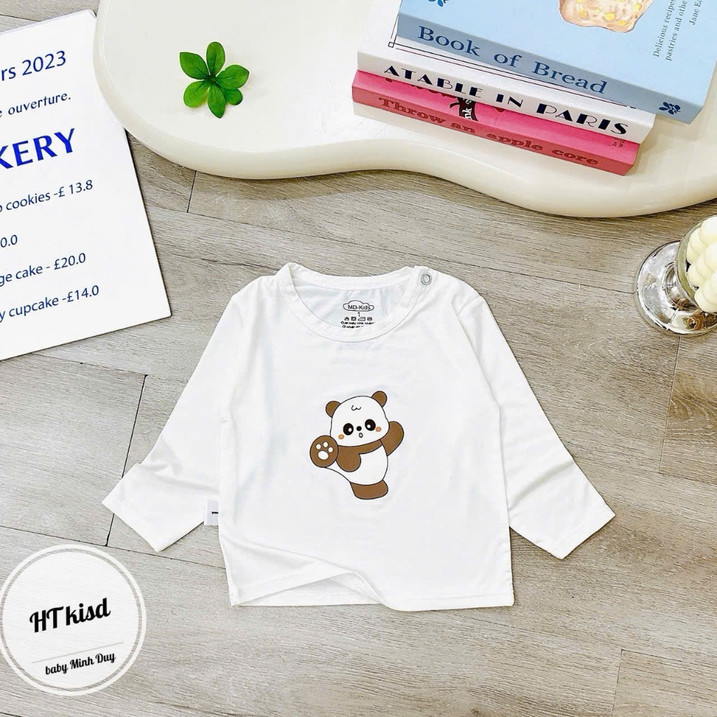 Áo dài tay cài vai NỀN TRẮNG KEM chất thun lạnh peptit cho bé 4-14kg saubabi