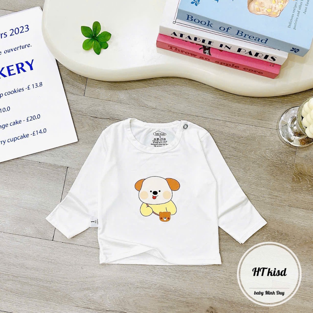Áo dài tay cài vai NỀN TRẮNG KEM chất thun lạnh peptit cho bé 4-14kg saubabi