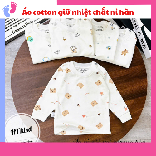 Áo COTTON NỈ HÀN dài tay cài vai thu đông nền trắng kem cho bé trai bé gái 4-14kg saubabi