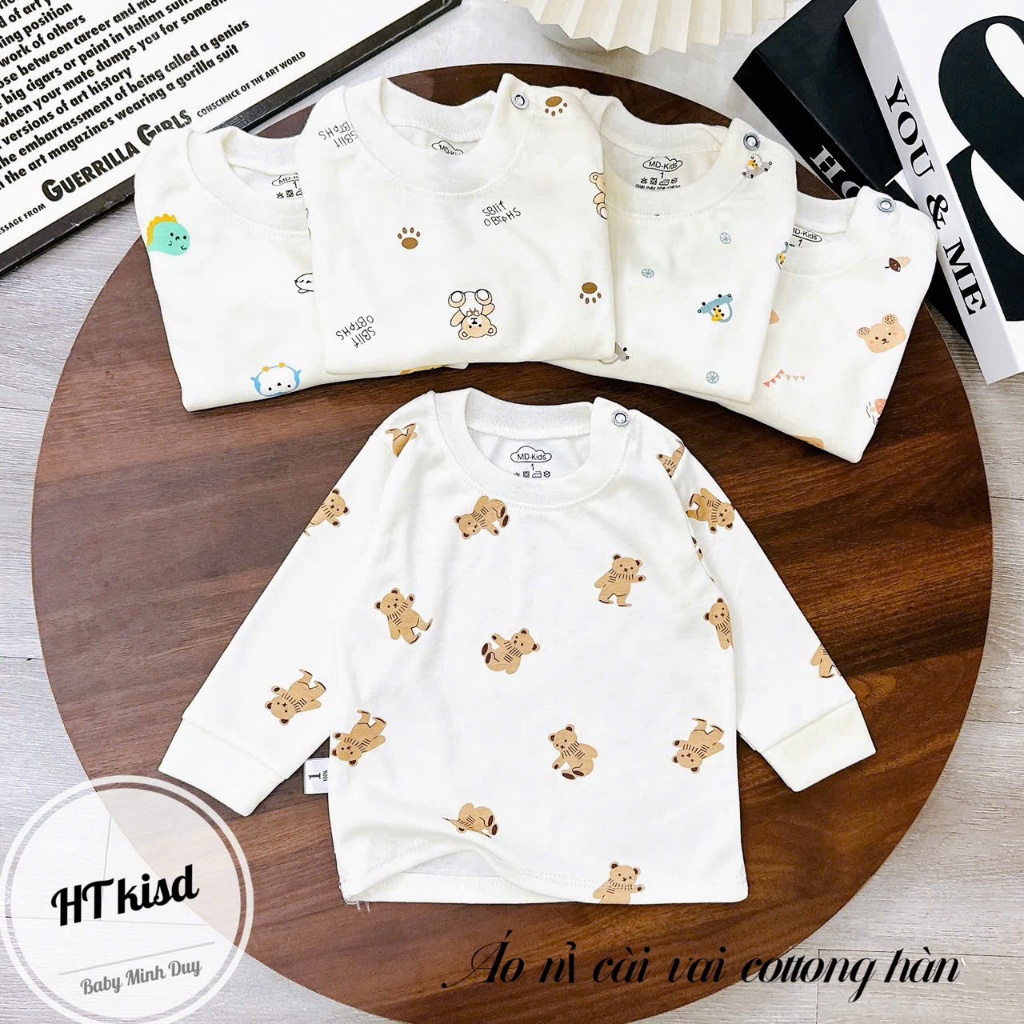 Áo COTTON NỈ HÀN dài tay cài vai thu đông nền trắng kem cho bé trai bé gái 4-14kg saubabi