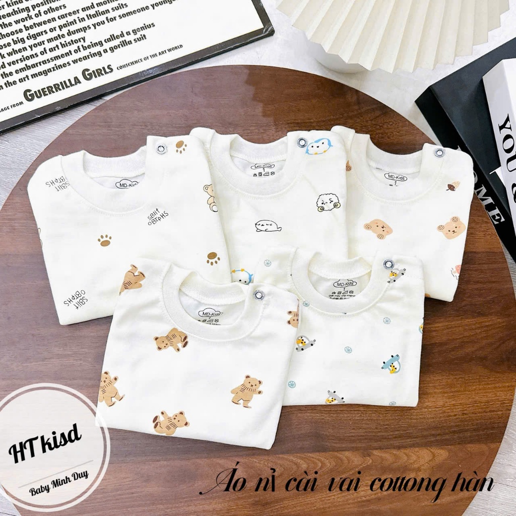 Áo COTTON NỈ HÀN dài tay cài vai thu đông nền trắng kem cho bé trai bé gái 4-14kg saubabi