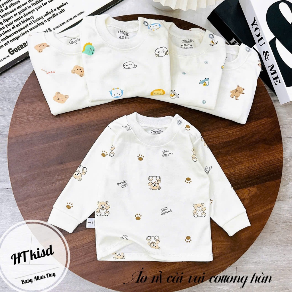 Áo COTTON NỈ HÀN dài tay cài vai thu đông nền trắng kem cho bé trai bé gái 4-14kg saubabi