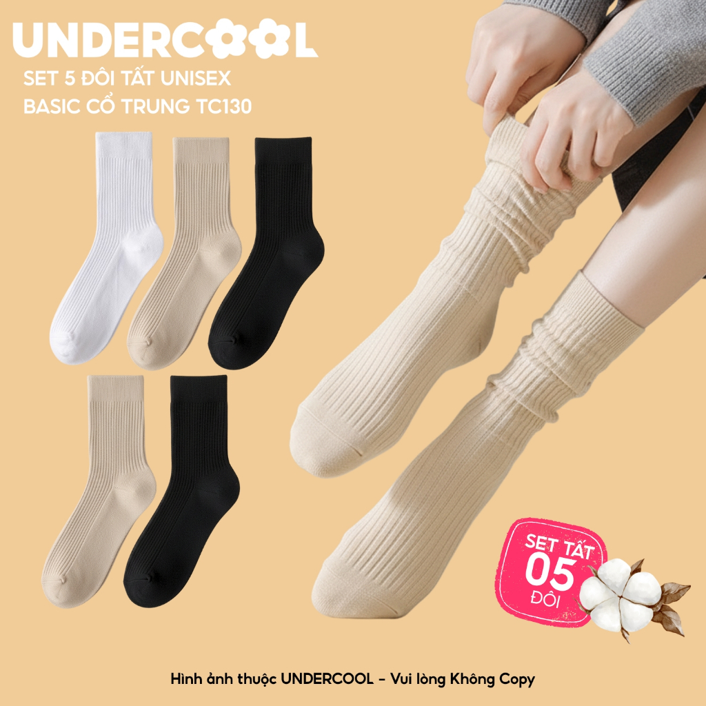 Set 5 Đôi Tất Gân tăm UNDERCOOL Combo 5 đôi Vớ Basic Unisex Cổ Trung Cotton Gân Tăm Dày Dặn, Thoáng Khí, Chống Hôi TC130