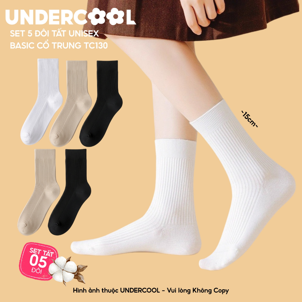 Set 5 Đôi Tất Gân tăm UNDERCOOL Combo 5 đôi Vớ Basic Unisex Cổ Trung Cotton Gân Tăm Dày Dặn, Thoáng Khí, Chống Hôi TC130
