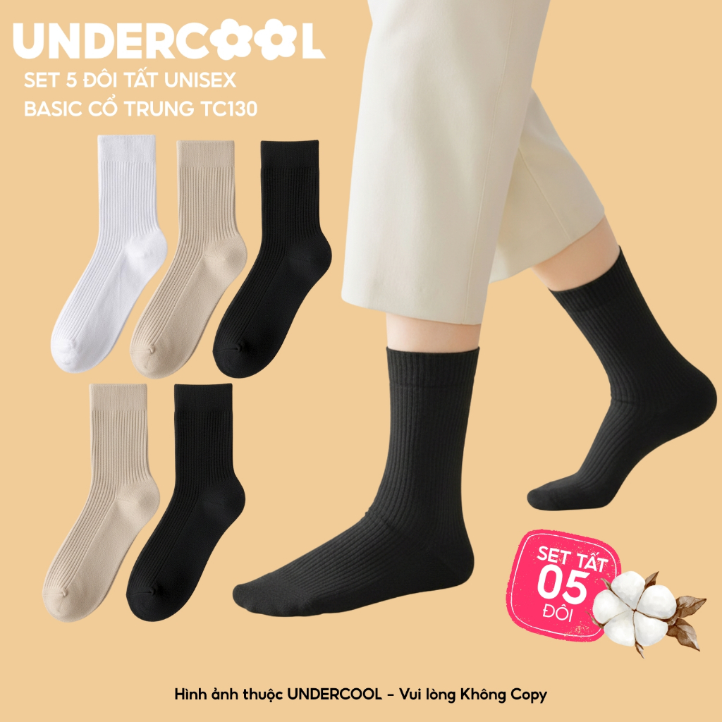 Set 5 Đôi Tất Gân tăm UNDERCOOL Combo 5 đôi Vớ Basic Unisex Cổ Trung Cotton Gân Tăm Dày Dặn, Thoáng Khí, Chống Hôi TC130