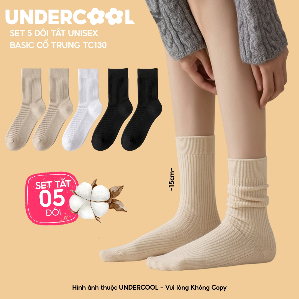 Set 5 Đôi Tất Gân tăm UNDERCOOL Combo 5 đôi Vớ Basic Unisex Cổ Trung Cotton Gân Tăm Dày Dặn, Thoáng Khí, Chống Hôi TC130