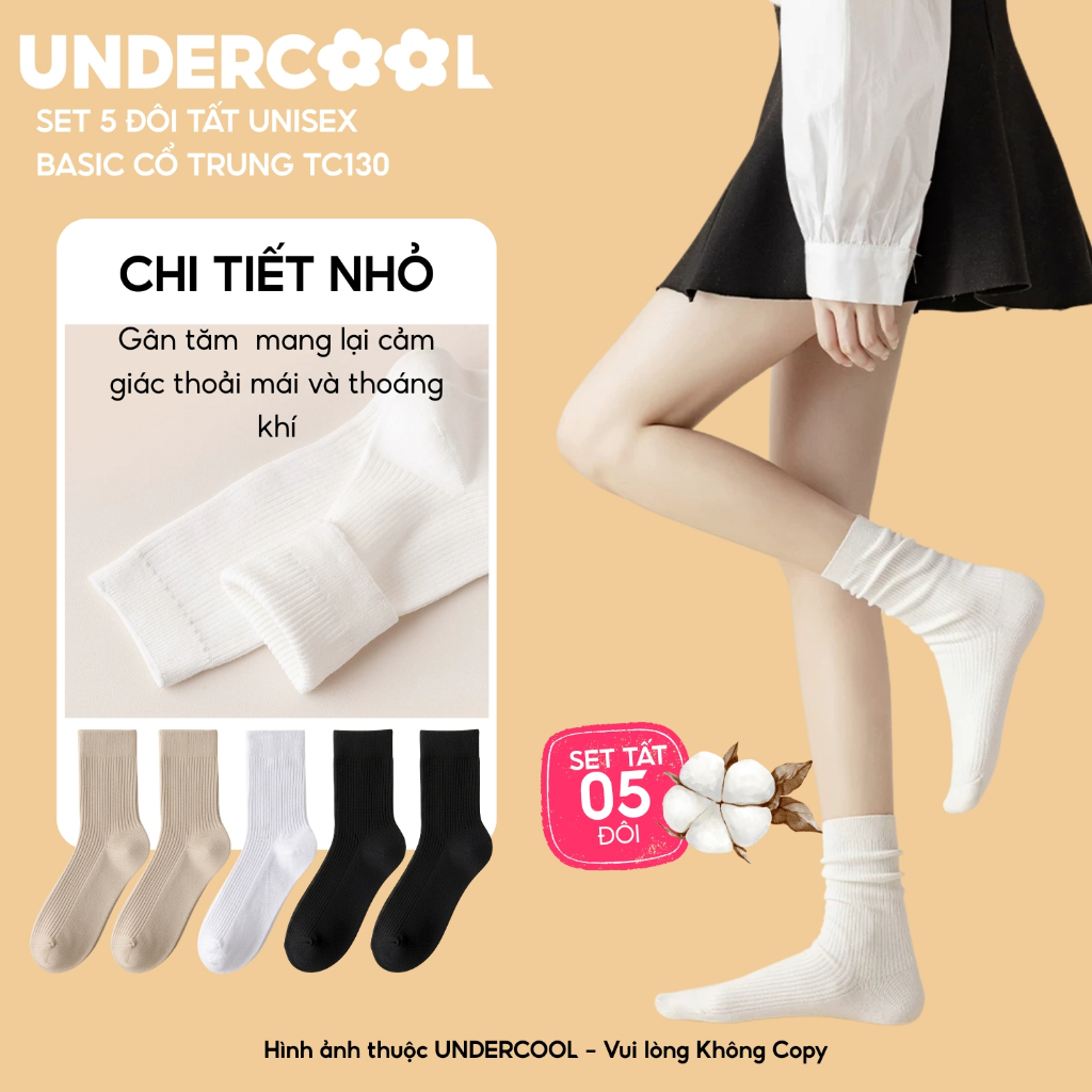 Set 5 Đôi Tất Gân tăm UNDERCOOL Combo 5 đôi Vớ Basic Unisex Cổ Trung Cotton Gân Tăm Dày Dặn, Thoáng Khí, Chống Hôi TC130