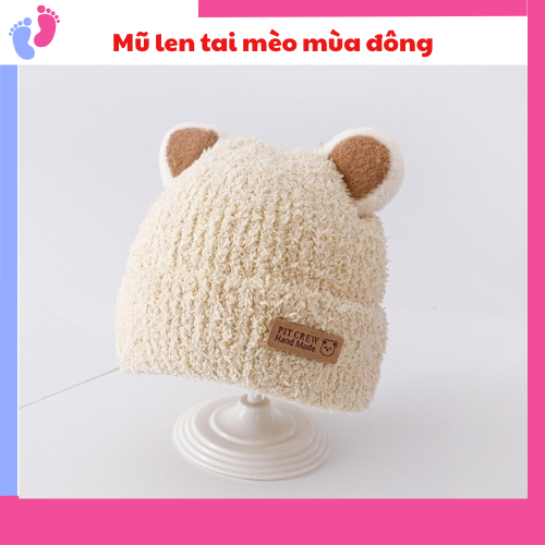 Mũ len tai mèo bông xù cho bé mùa đông giữ ấm saubabi