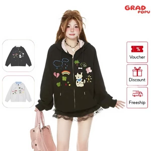 Áo khoác GRADPOPU nỉ thêu hoạt hình phong cách Hàn Quốc, dáng rộng dễ thương mùa xuân thu AK52