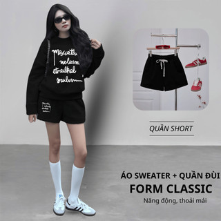 Set Bộ Nỉ Nữ Thu Đông CHEPOL Cổ Tròn, In Chữ, Chất Nỉ Chân Cua Cao Cấp ( Áo Sweater Trắng + Quần Đùi Trắng ) - CP_15335