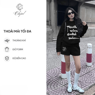 Set Bộ Nỉ Nữ Thu Đông CHEPOL Cổ Tròn, In Chữ, Chất Nỉ Chân Cua Cao Cấp ( Áo Sweater Trắng + Quần Đùi Trắng ) - CP_15335