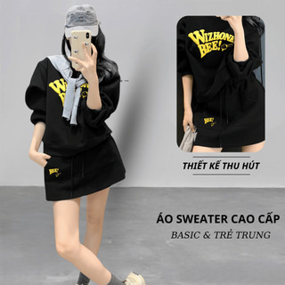 Set Bộ Nỉ Nữ Thu Đông CHEPOL Cổ Tròn, In Chữ, Chất Nỉ Chân Cua Cao Cấp, Dày Dặn( Áo Sweater Đen + Chân Váy Đen)-CP_x1215