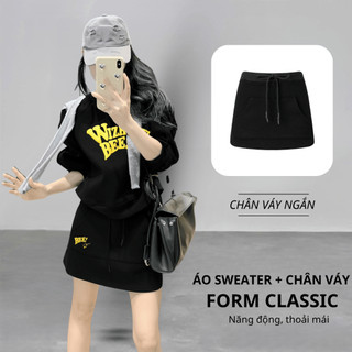Set Bộ Nỉ Nữ Thu Đông CHEPOL Cổ Tròn, In Chữ, Chất Nỉ Chân Cua Cao Cấp, Dày Dặn( Áo Sweater Đen + Chân Váy Đen)-CP_x1215